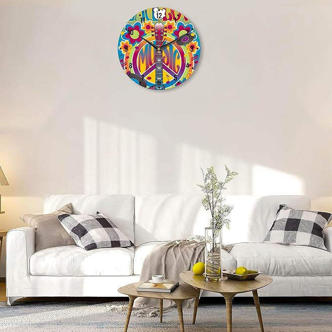 SPUNKER Clock for Bedroom,Music Guitar Kitchen Wall Clock,Peace Symbol Dove Clocks 10 Inch Silent Non-Ticking Wall Battery Operated for Living Room Bedroom Bathroom Laundry Room Decor