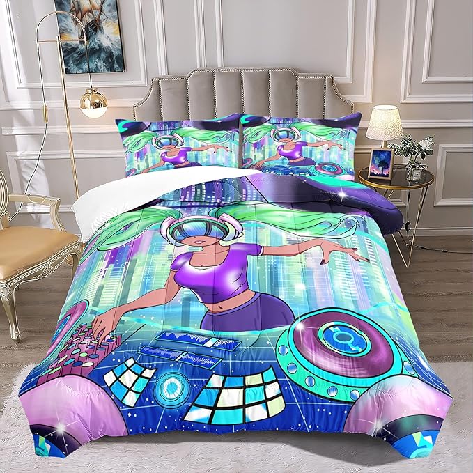 Black Girl Magic Comforter Set Queen Size, African American DJ Girl Pattern Soft Microfiber 3 Piece Quilt Set with 2 Pillowcases Queen Size Comforter Set Gifts for Black Women Girls
