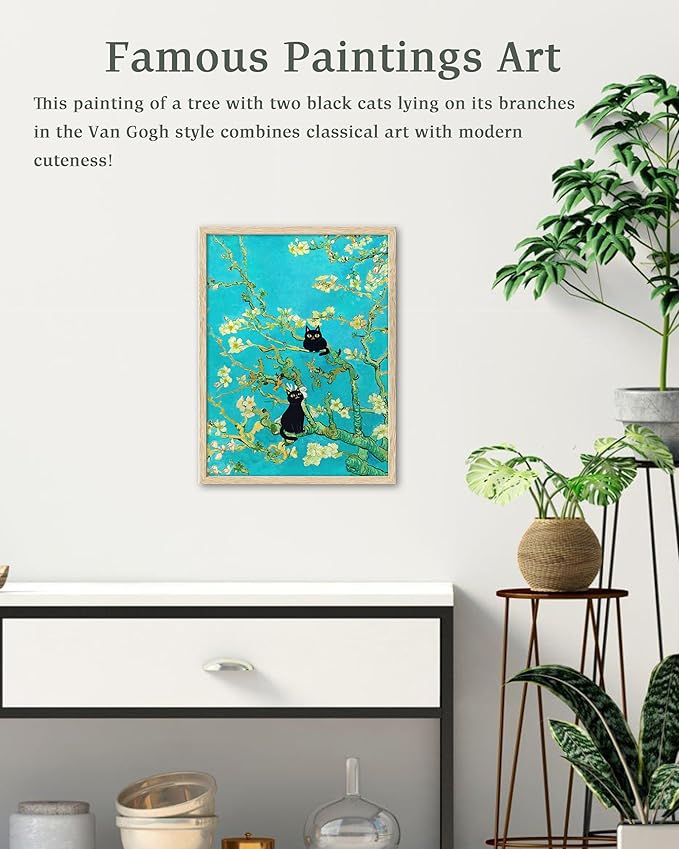 UPWOIGH Beige Oak Wood Framed Wall Art, 12"x16" Vincent Van Gogh Almond Blossoms Cat Print, 2 Cats in the Tree Poster, Cute Black Print, Funny Cat Art for Bedroom Bathroom, 1Pack Gift