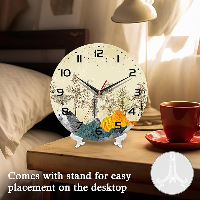 Wall Clock, 10 Inch Silent Non-Ticking Home Kitchen Decor, Battery Operated for Bathroom Bedroom Living Room Office(Golden Forest Mountain)