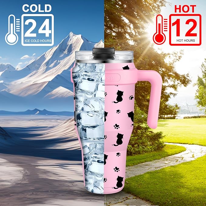 Sursip 40 oz Insulated Tumbler with Screw Lid - Stainless Steel Vacuum Cup with Straw and Handle, For Cold/Hot Drinks - Sweat/Leak Proof, Fits Cup Holder, Ideal Gifts for Women/Men (Pink Kitten)
