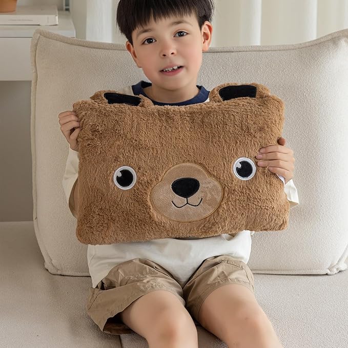 Stuffed Animal Lumbar Pillow, Super Soft Plush Cuddle Throw Pillow for Kids, Cute Bear Pillow, 10 x 16 Inches, Brown