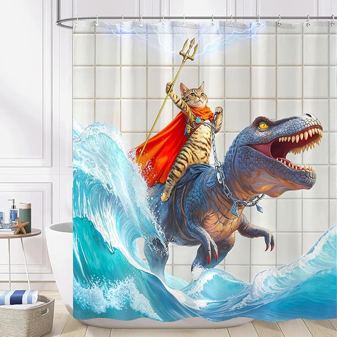 Yeoiat Cat Shower Curtain Ocean Funny Shower Curtain Dinosaur Shower Curtains for Bathroom Wave Shower Curtain Set with 12 Hooks Dinosaur05 72×72 Inches