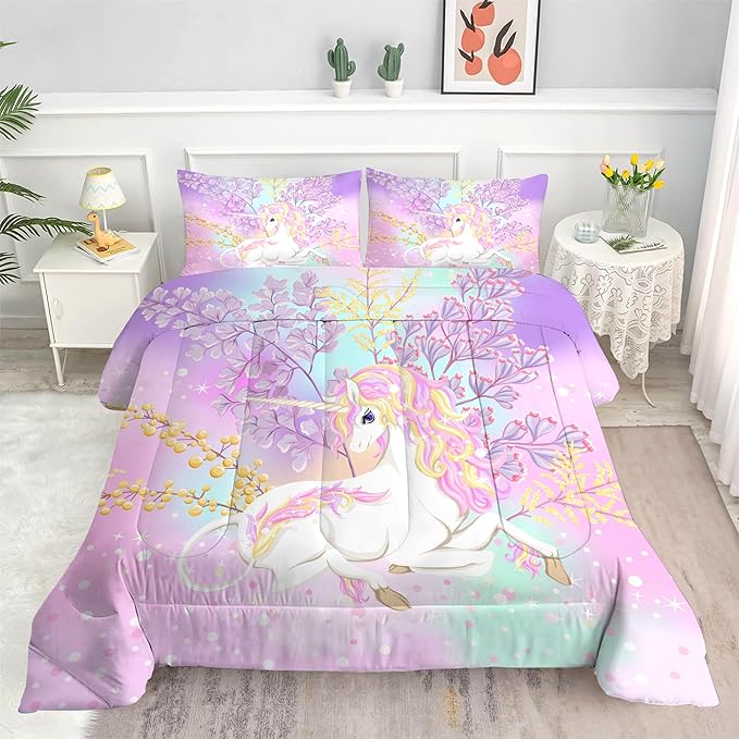 Unicorn Comforter Set Twin: Pink Purple Rainbow Unicorn Twin Bedding Sets for Girls Stars Cute Quilt Bed Set for Kids Teens Toddler Room Decor 1 Comforter & 1 Pillowcase