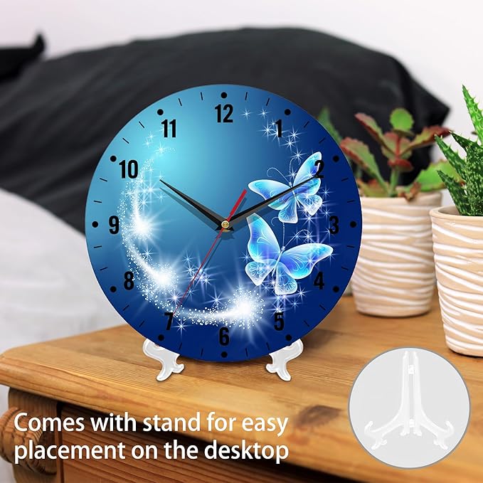 SPUNKER Wall Clock,Blue Glowing Butterflies Kitchen Wall Clock,Stars Clocks 10 Inch Silent Non-Ticking Wall Battery Operated for Living Room Bedroom Bathroom Laundry Room Decor
