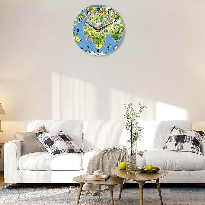 SPUNKER Wall Clock,Animals World Map Kitchen Wall Clock,Cute Landmarks Clocks 10 Inch Silent Non-Ticking Wall Battery Operated for Living Room Bedroom Bathroom Laundry Room Decor