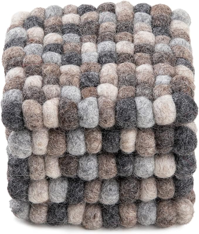 Square Felt Ball Coasters - 100% Merino Wool Table Coasters - Felt Coaster Pads, Absorbent Trivet for Drinks - Heat Resistant, Thick & Durable Hand Felted in Nepal by Woolygon- Multicolor - Set of 5