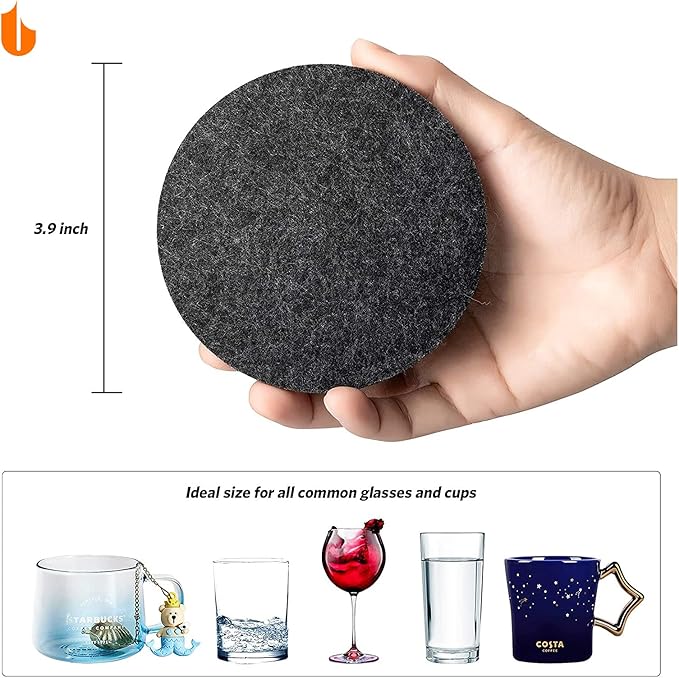 Urbanstrive 6 PCS Coasters Absorbent Felt Coasters for Drinks Bar Home, 4 Inch (Black Round)
