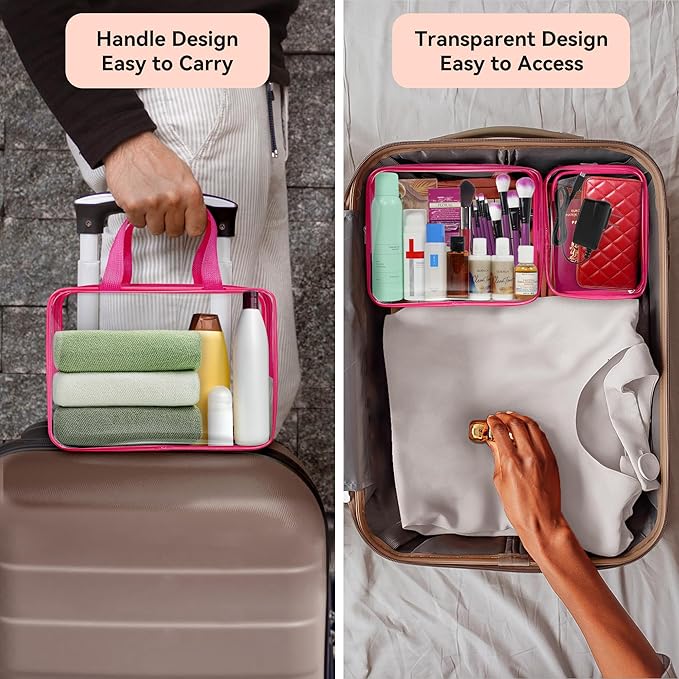TISRATOK 10 PCS Clear Travel Makeup Toiletry Bag, Plastic PVC Cosmetic TSA Approved Organizer Kit with Zipper Handbag(Rose Red)