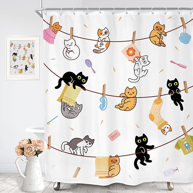 SVBright Cute Cat Shower Curtain 60Wx72L Inch Funny Kids Children Kitten Cartoon Animal Pets Fun Hilarious Lovely Boys Girls 12 Pack Hooks Polyester Waterproof Fabric Bathroom Bathtub Panels