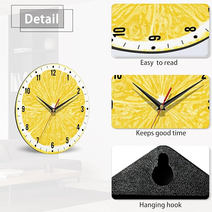 SPUNKER Wall Clocks,Lemon Yellow Fruits 10 Inch Wall Clock,Summer Small Battery Operated Wall Clocks Decorative for Kitchen/Living Room/Bedroom/Bathroom/Dining Room