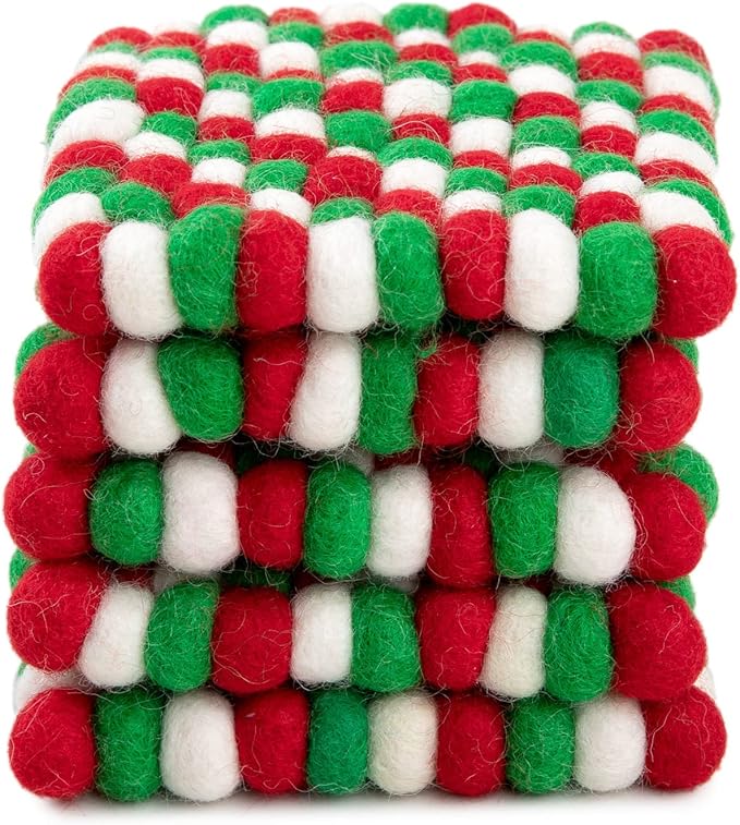 Square Felt Ball Coasters - 100% Merino Wool Table Coasters - Felt Coaster Pads, Absorbent Trivet for Drinks - Heat Resistant, Thick & Durable Hand Felted in Nepal by Woolygon- Multicolor - Set of 5
