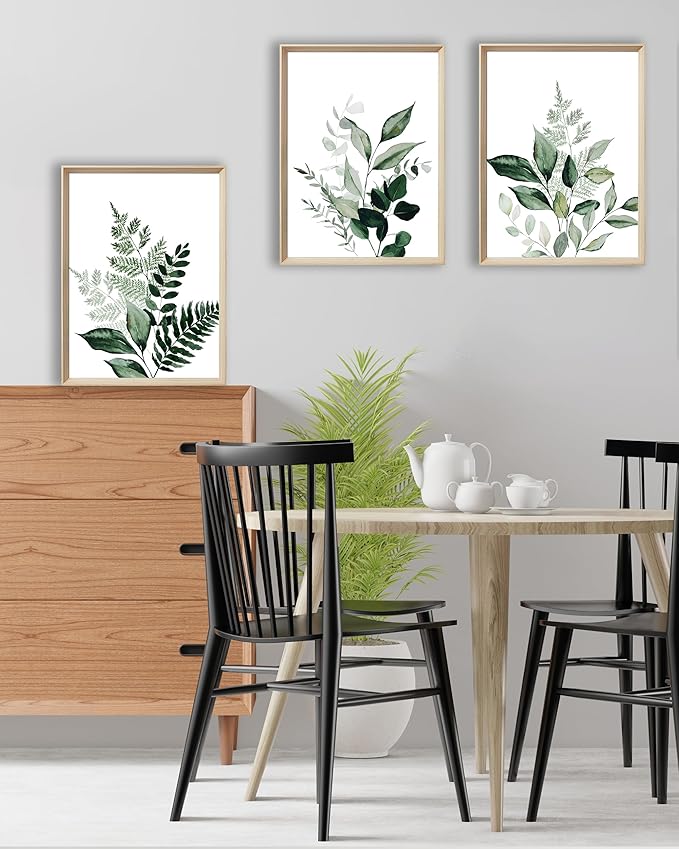 UPWOIGH Framed Green Wall Art(No Plexiglass), Olive Leafs Canvas Wall Art,12x16in Botanical Wood Bohemia Sage Wall Decor Prints Artworks for Bathroom Bedroom, Plant Neutral Wall Art Set of 3