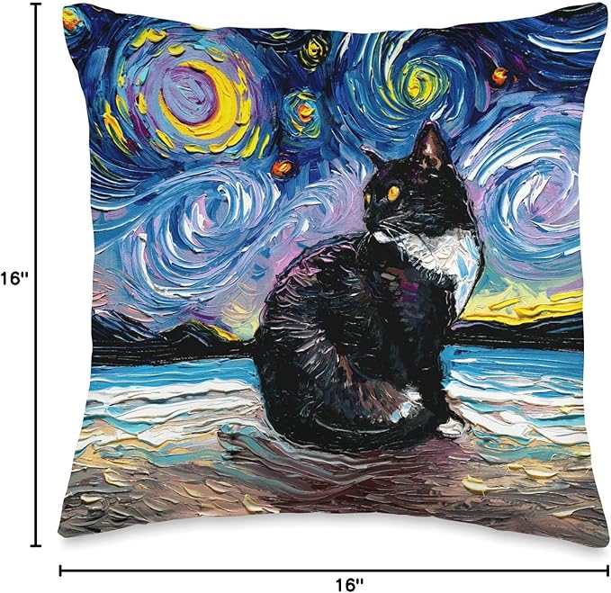 Tuxedo Cat on Beach Starry Night Impressionist Art by Aja Throw Pillow