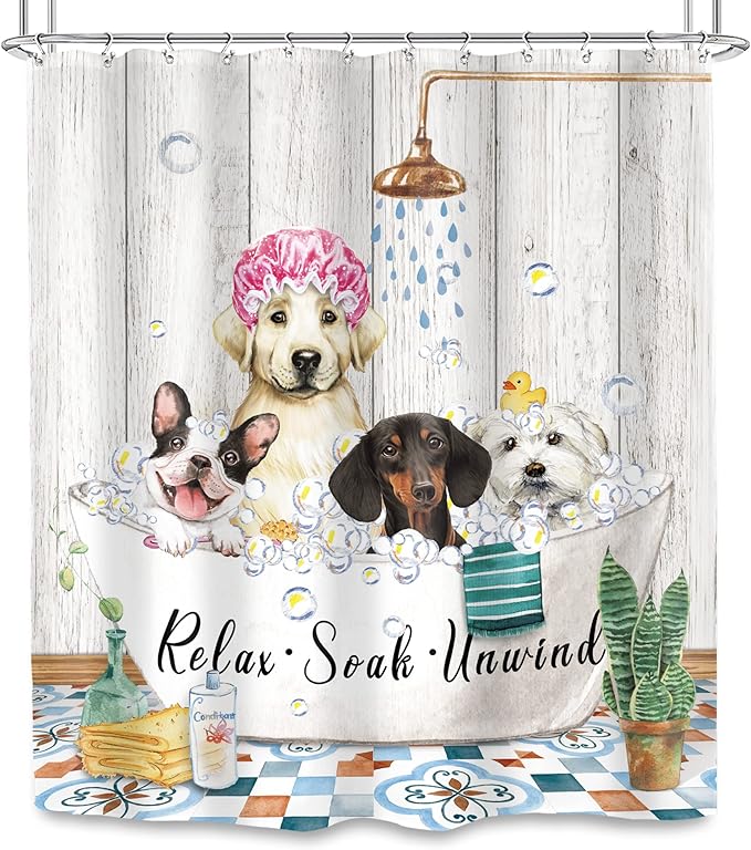 SVBright Funny Dog Shower Curtain 72Wx72L Inch Farmhouse Vintage Cute Animals Puppy Shower Wooden Plank Bubbles Rustic 12 Pack Hooks Polyester Waterproof Fabric Bathroom Bathtub Panels