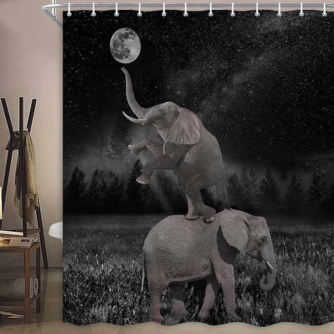 Boziqr Funny Shower Curtains for Bathroom, Cute Elephant Moon Forest Bath Curtain, Rustic Farmhouse Decor Polyester Fabric Fun Cool Animals Black 70 x 78 Inches