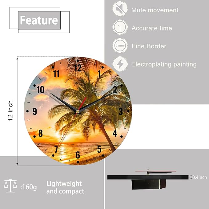 SPUNKER Wall Clocks,Palm Trees Sunset 10 Inch Wall Clock,Sea Beach Small Battery Operated Wall Clocks Decorative for Kitchen/Living Room/Bedroom/Bathroom/Dining Room