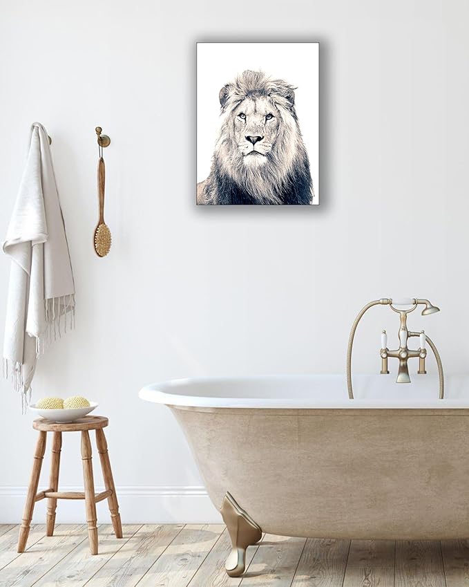 UPWOIGH Bathroom Wall Art Decor, Black and White Lion Wall Art, Waterproof Wood Framed Canvas Wall Art Animals Abstract Prints, 12"x16" High-end Pictures for Dormitory Kids Room 1 Pack