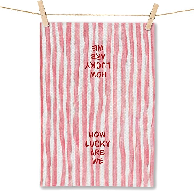 Trendy Pink Red Striped Kitchen Towels, How Lucky are We Decorative Hand Towels, Pink Girly Dish Tea Towels for Kitchen Decor, Trendy Preppy Bathroom Decor, 16x24 Inch