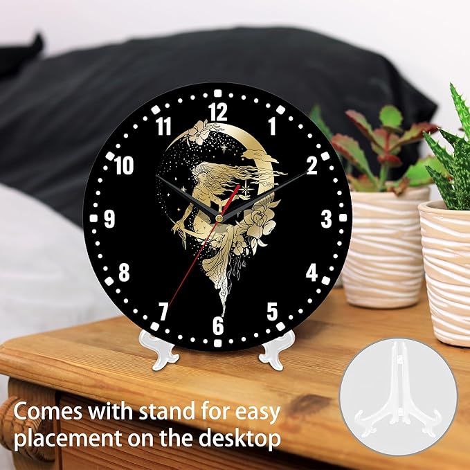 SPUNKER Clock for Bedroom,Moon Stars Queen Wall Clocks,Woman Flower Battery Operated Wall Clock Silent Non-Ticking Decorative for Home Kitchen Bathroom Living Room Bedroom Office 10 Inch