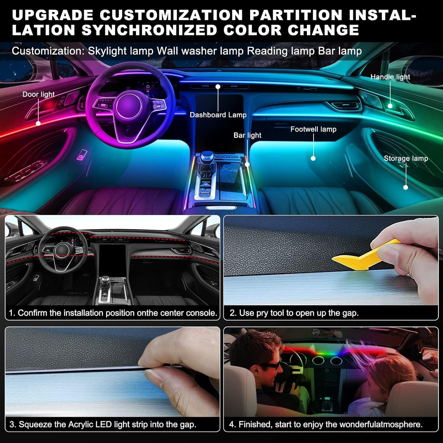 Dream+Color Acrylic Interior Car LED Strip Light with Wireless APP, RGB 18 in 1 with 175 inches 593 LEDs Fiber Optic Strip Lights for Car, Dynamic Chasing Music Sync Neon Ambient Lighting Kits