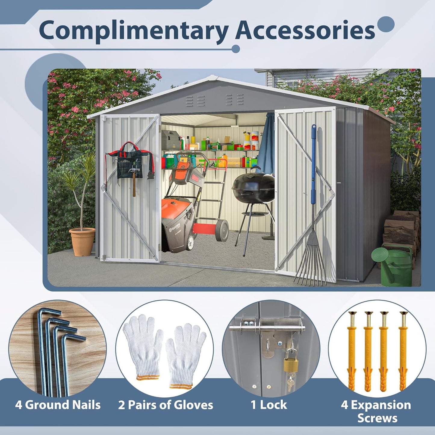 10×8 FT Metal Outdoor Storage Shed, Large Garden Sheds with Lockable Doors, All Weather Anti-Corrosion Galvanized Steel Tool House for Backyard Garden Lawn,Grey