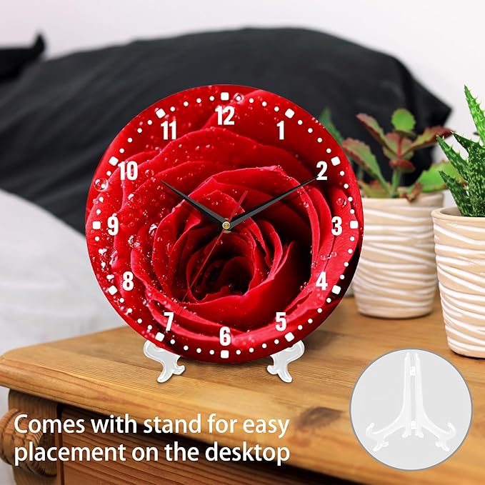 SPUNKER Wall Clocks,Red Rose Wall Clock Battery Operated 10 Inch,Flower Bloom Romance Round Clock Silent Non-Ticking Wall Decor for Farmhouse Office Home School Living Room Bedroom