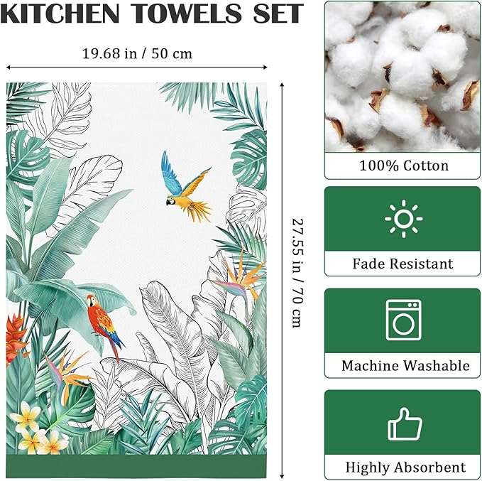 Tropical Tree Leaf Tea Towels, Cotton Kitchen Towel 18.9 × 27.5 inch, Quick Drying Dish Cloth for Party Anniversary Holiday Decoration Housewarming Gifts