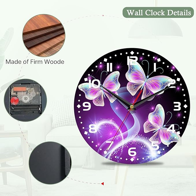 Butterfly Wall Clock for Bathroom,Flying Butterfly Glowing in Dark Wall Clocks Silent Non-Ticking Battery Operated Clock 10 Inch,Wall Clocks Decorative for Living Room,Kitchen,Office
