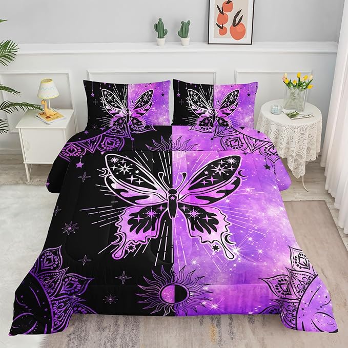 Black Purple Butterfly Comforter Set for Girls Women,Boho Butterfly Sun and Moon Mandala Printed Bedding Set with 2 Pillowcases(Black Purple Full)