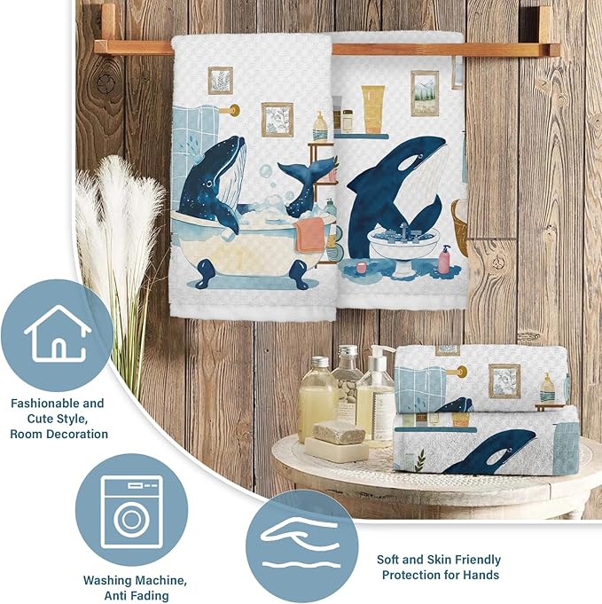 Whale Shark Decor Beach Hand Towels for Bathroom Set of 2, Nautical Bathroom Decor, Ocean Beach Themed Waffle Weave Dish Towels 18x26 Inch