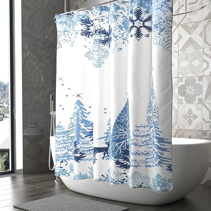 Winter Snow Forest Shower Curtain 72x72 Inches,Christmas Snowflake Snowy Trees Waterproof Polyester Fabric Bathtub Curtain Set with Hooks for Xmas Season Theme Bathroom Decor