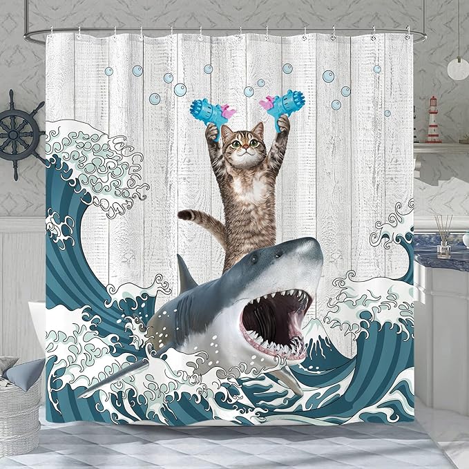Yeoiat Cat Shower Curtain Shark Ocean Funny Shower Curtain Funny Decorative Shower Curtains for Bathroom Fun Shower Curtain Set with 12 Hooks Cat-03 72×72 Inches