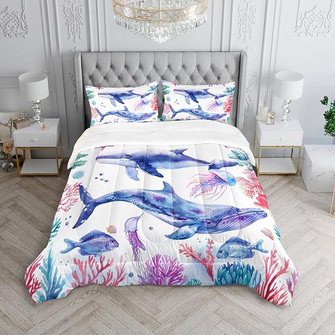 Whale Jellyfish Shark Bedding Dolphin Coral Comforter 3Pcs Twin Underwater Fish Starfish Quilt Set for Kids Teens Girls Boys Clownfish Seaweed Bed Decor Set with 1 Comforter and 2 Pillowcases