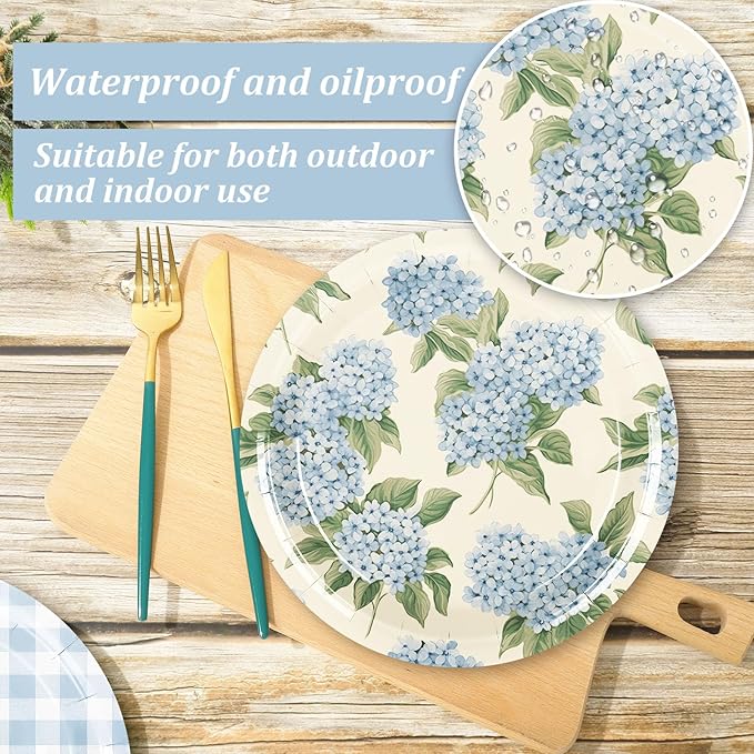 Whaline 40Pcs Hydrangea Plaid Paper Plate Blue And White Floral Disposable Dinner Plate Flower Checkered Tableware For Spring Party Supplies Table Decor, 9 In