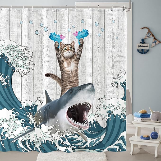 Yeoiat Cat Shower Curtain Shark Ocean Funny Shower Curtain Funny Decorative Shower Curtains for Bathroom Fun Shower Curtain Set with 12 Hooks Cat-03 72×72 Inches