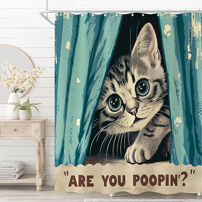 Yeoiat Funny Cat Shower Curtain, are You Poopin' Curious Kitty Whimsical Joke Humor Themed, Shower Curtain Set with 12 Hooks for Bathroom Decor (Green, 72"x72")