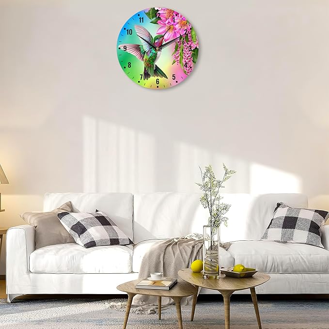 SPUNKER Clocks for Living Room,Hummingbird Wall Clock Battery Operated 10 Inch,Tropical Bird Red Flowers Round Clock Silent Non-Ticking Wall Decor for Farmhouse Office Home School Living Room Bedroom