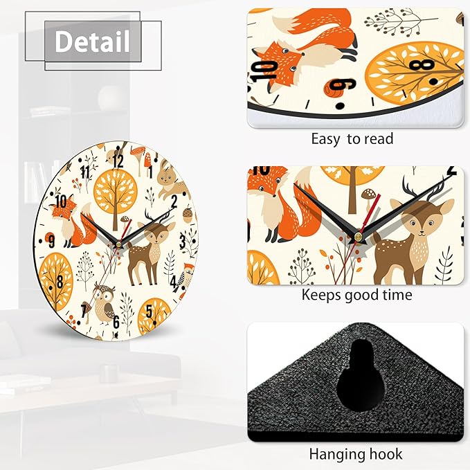 SPUNKER Clocks for Living Room,Cute Animals 10 Inch Wall Clock,Autumn Forest Small Battery Operated Wall Clocks Decorative for Kitchen/Living Room/Bedroom/Bathroom/Dining Room