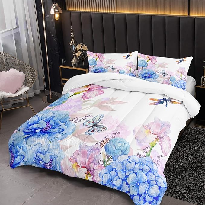Blue and Pink Flower Comforter Set Twin Dragonfly Butterfly Bedding Sets 3PCS for Kids Teen Adult Floral Room Decor Ultra-Soft Lightweight Microfiber 1 Comforter with 2 Pillowcases