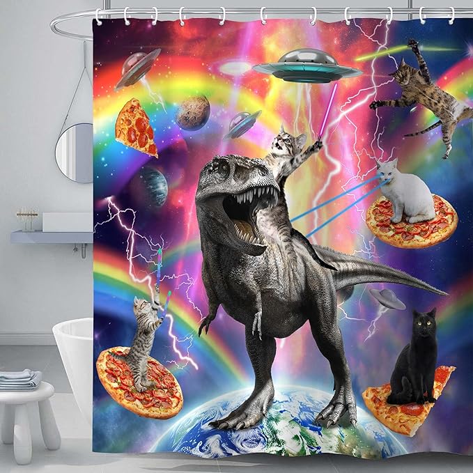 Torich Funny Cat Shower Curtain for Bathroom, Kids Cool Cat Riding Cute Dinosaur on Outer Space Universe Fantasy Galaxy Hilarious Shower Curtain Set, Anime Fabric Bathtub Decor Hooks, 47X64IN
