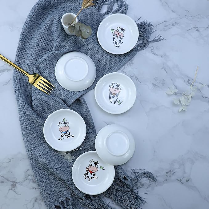 Super Cute Cartoon Animal Pattern Ceramic Sauce Dish/Seasoning Dish/Sushi Soy Dipping Bowl/Appetizer Plates/Serving Dish for Kitchen Home(Set of 6)-Cow