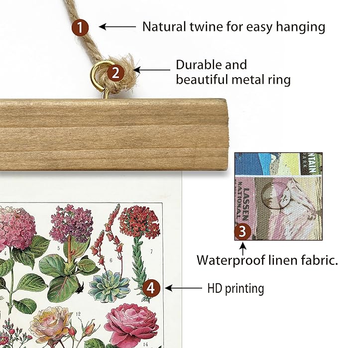 XIAOAIKA Vintage Wildflowers Poster Hanger Frame, Retro Style Wall Decor Art Painting, Patterns are Printed on Linen Without Fading, Scrolls Made of Fir are Durable (16 x 23 inches)