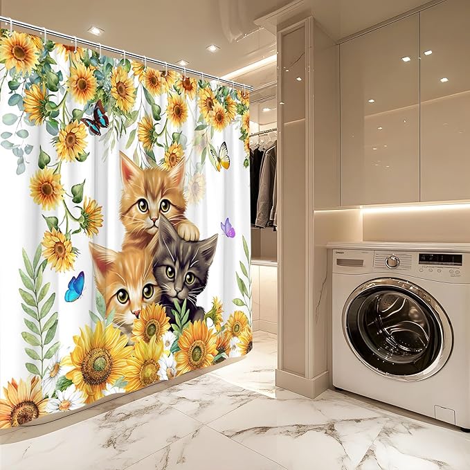 Sunflower Cat Shower Curtain Rustic Vintage Floral Farmhouse Kitty Pet Lover Kitten Flower Cats Flowers Butterfly Shower Curtains Set for Bathroom Polyester Fabric with Hooks (59" W x 71" L)
