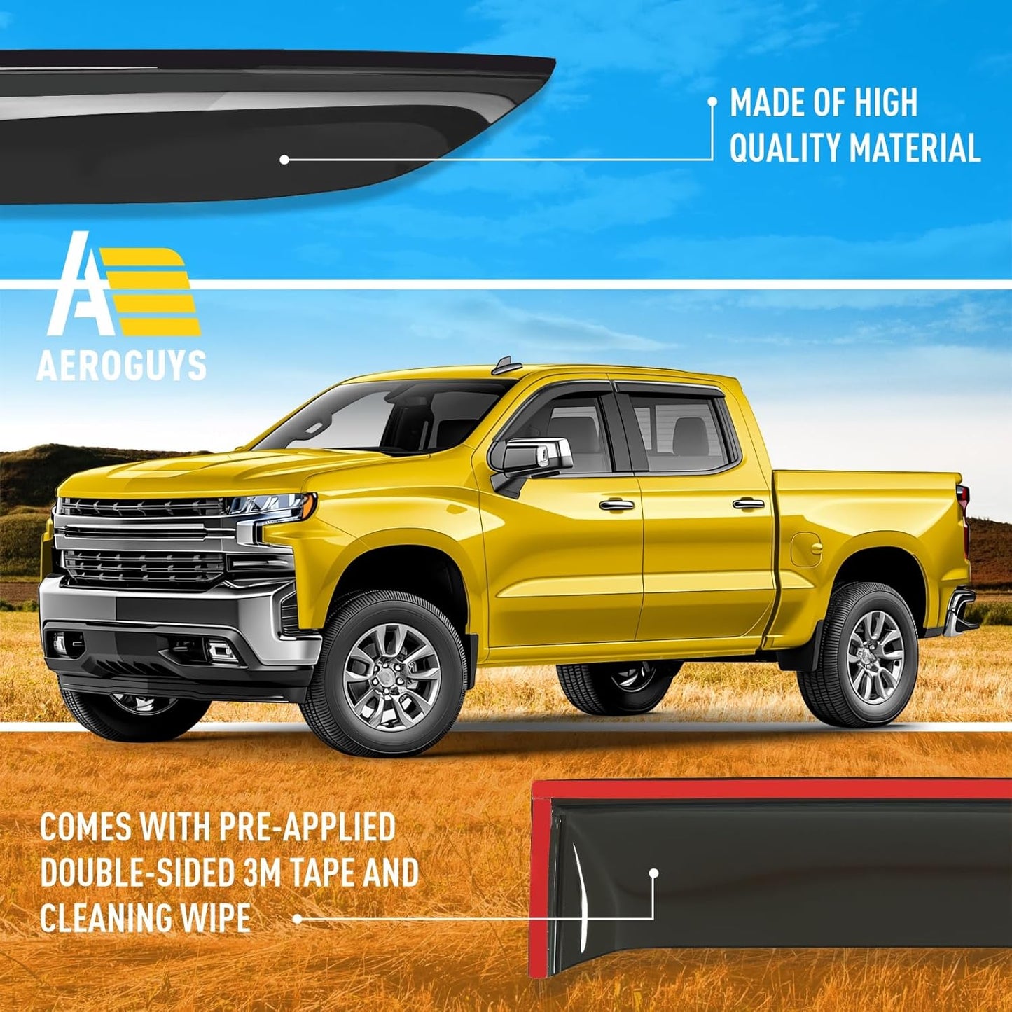 Extra Durable Window Deflectors Tape-On Window Visors Rain Guards Fit for Chevrolet (Chevy) Silverado 1500 2019-2025 Crew Cab, Sun Visors, Wind Vent for Shades, Exterior Car Accessories - 4pcs. AG0798
