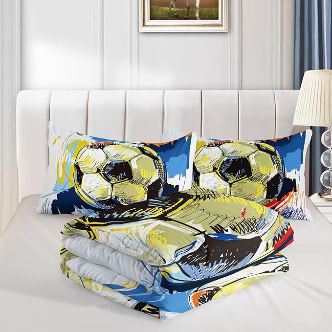 BSNTHO Soccer Comforter Set Boys Sports Bedding Set Queen Size for Kids Teens Hand Drawn Football Graffiti Style Comforter Design 3 Piece with 1 Comforter 2 Pillowcases