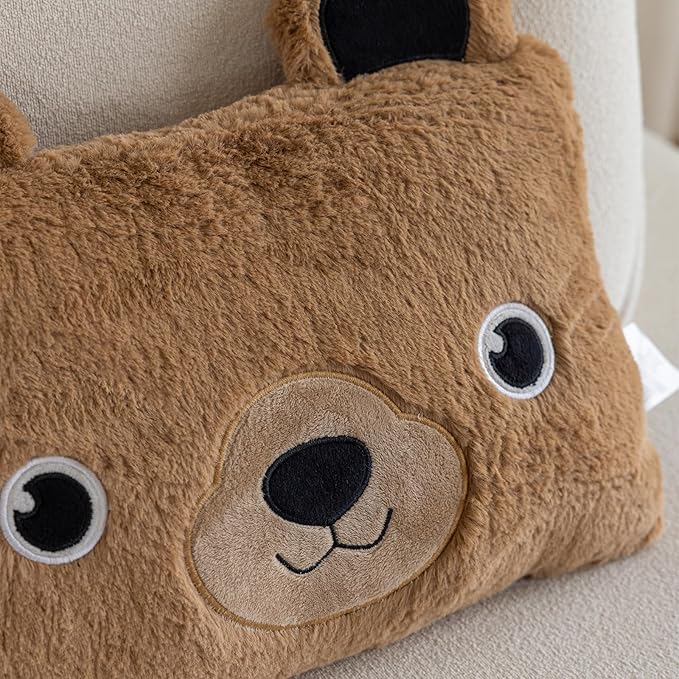 Stuffed Animal Lumbar Pillow, Super Soft Plush Cuddle Throw Pillow for Kids, Cute Bear Pillow, 10 x 16 Inches, Brown
