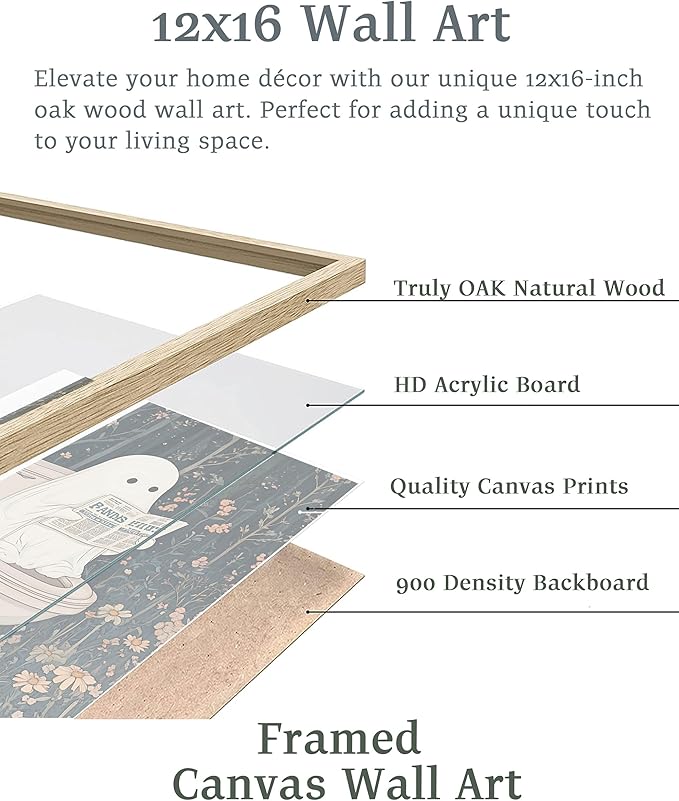UPWOIGH Beige OAK Framed Ghost Wall Decor- Halloween Wall Art Prints, Halloween Posters Decor, 12" x 16" Cute Ghost Decor, Aesthetic Pictures Wall Decor for Bathroom Bedroom,1 Pack