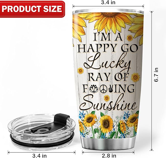 Sunflower Girl Tumbler With Lid 20oz Im A Happy Go Lucky Ray Of Sunshine Vintage Sunflowers Flowers Stainless Steel Coffee Cup Sunflower Things For Teen Girls Insulated Mug