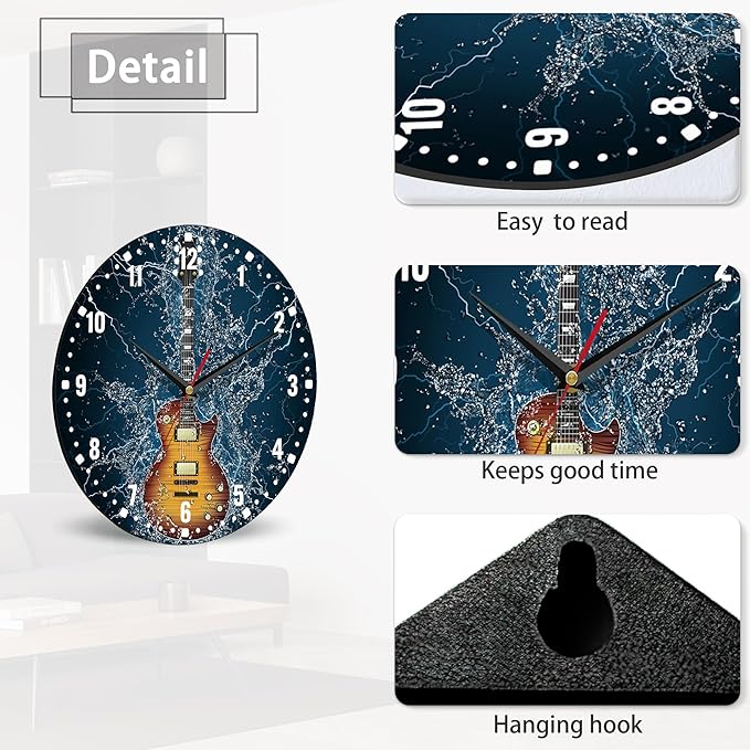 SPUNKER Wall Clock,Electric Guitar Wall Clocks,Guitar in Water Battery Operated Wall Clock Silent Non-Ticking Decorative for Home Kitchen Bathroom Living Room Bedroom Office 10 Inch